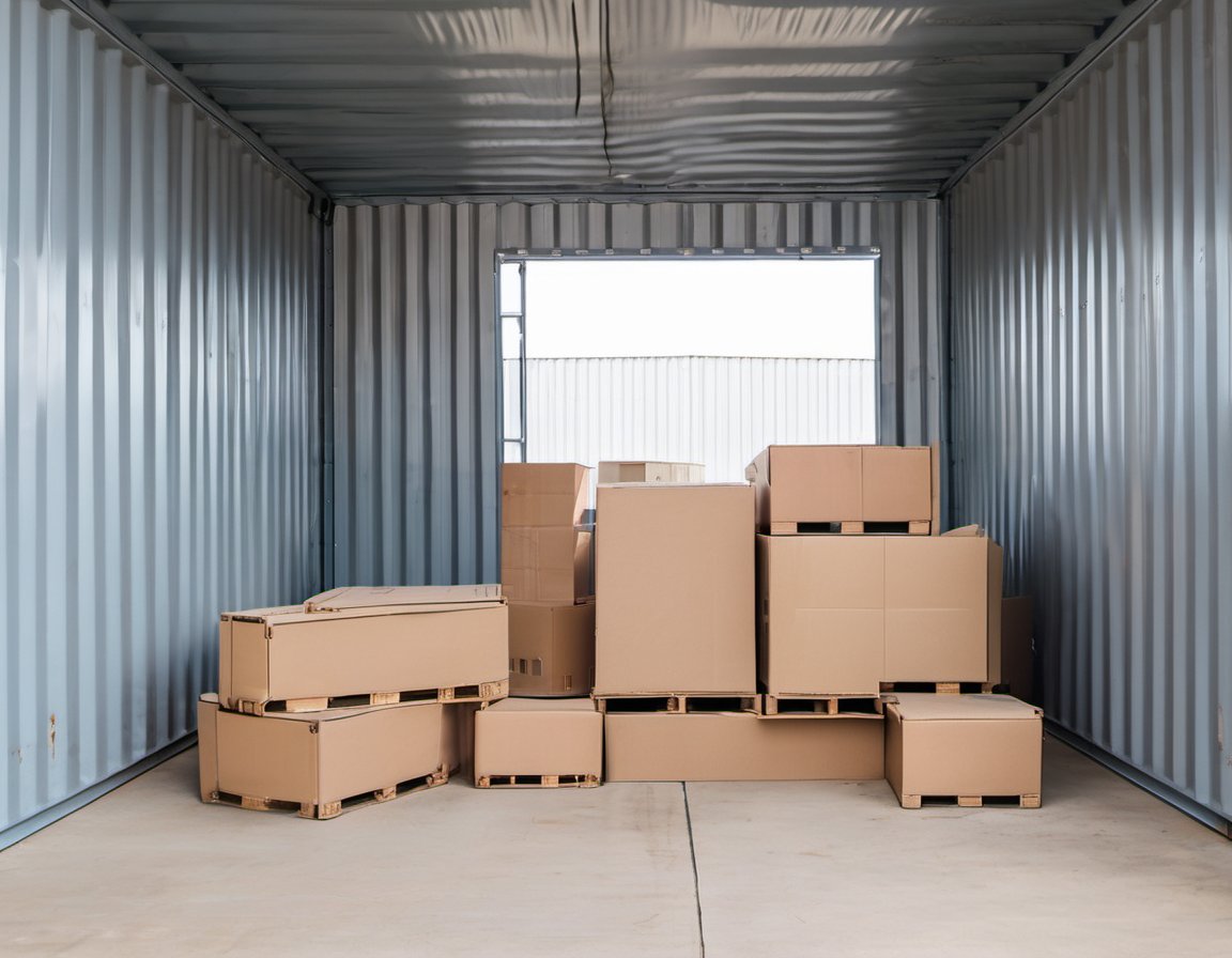 Illustration of the inside of a shipping container loaded with cartons on pallets