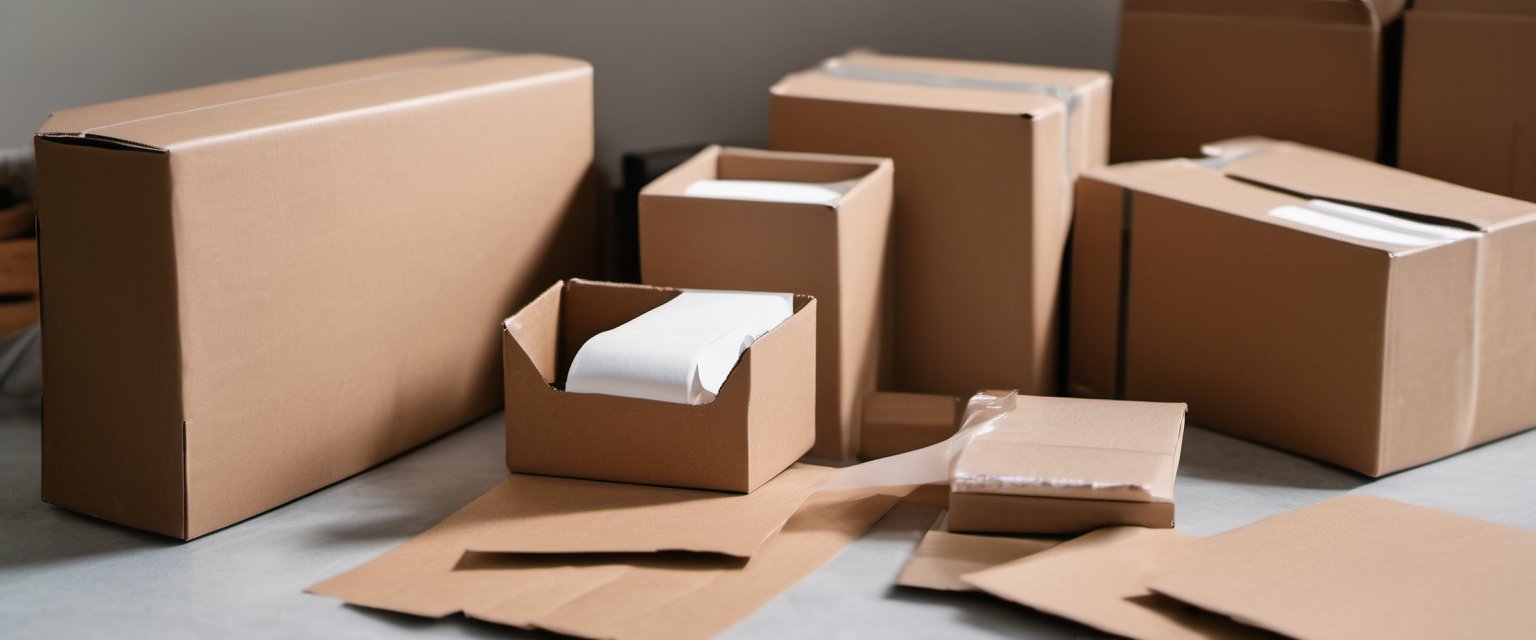 Illustration of a packing bench with plain cardboard cartons and tape