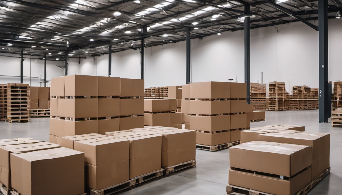 Illustration of a clean warehouse dispatch area with cartons on pallets