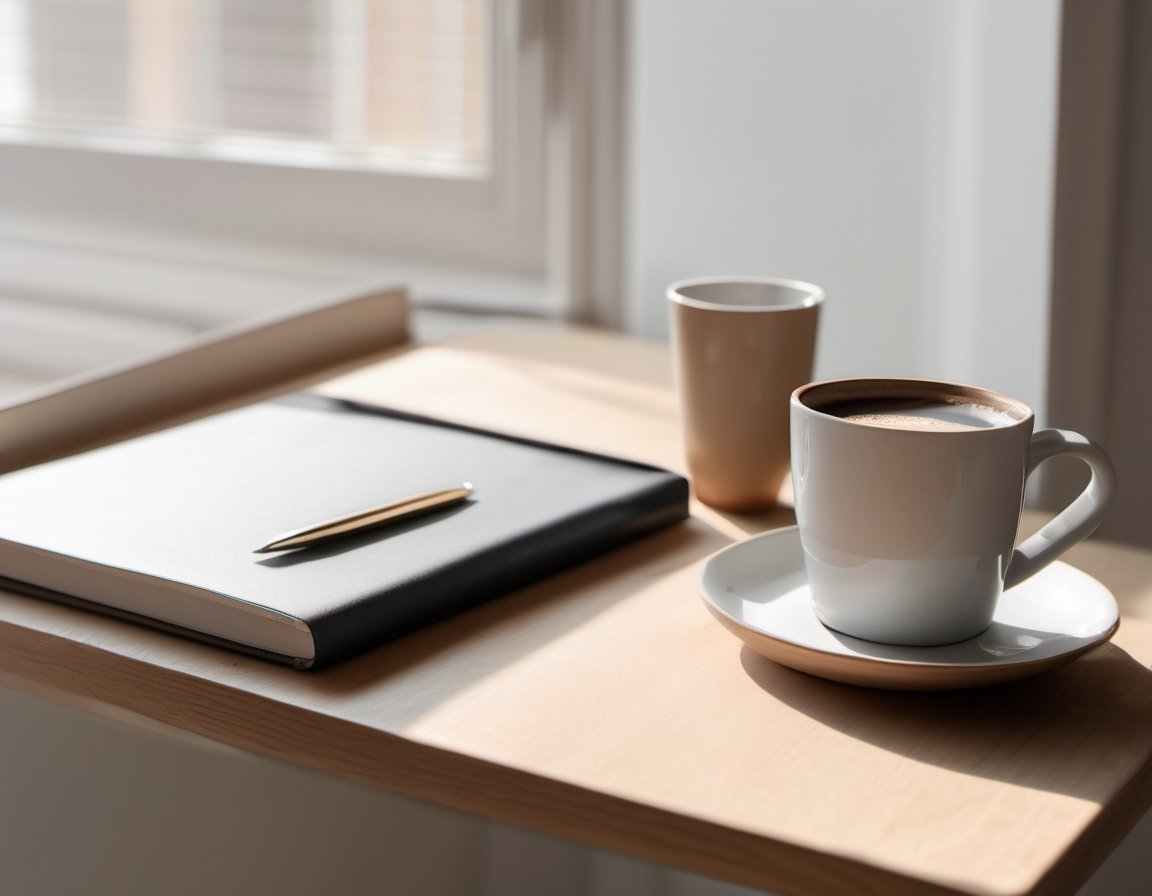 Illustration of a desk with a notebook, a pen and cups of coffee by a window