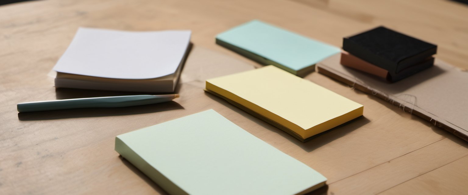 Illustration of a flat lay of blank notebooks and sticky notes on a desk