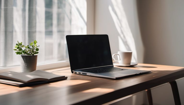 Illustration of a tidy office desk with a laptop, a notebook and a cup of coffee
