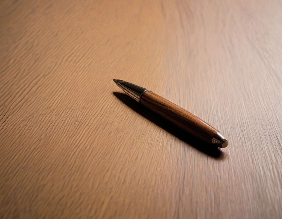 Illustration of a close-up of the plain wood grain surface of a desk with a plain pen resting on it