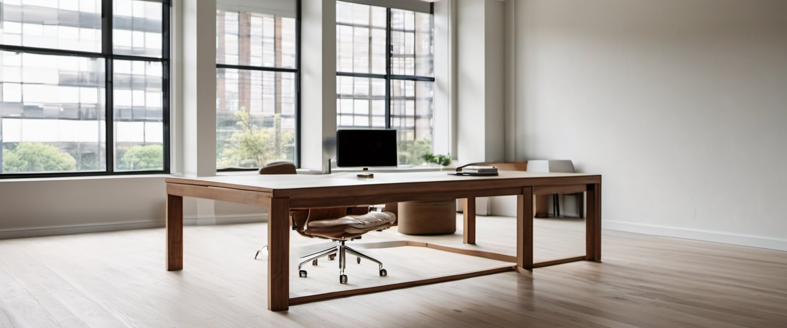 Illustration of a bright minimalist modern office with a wooden desk near a large window