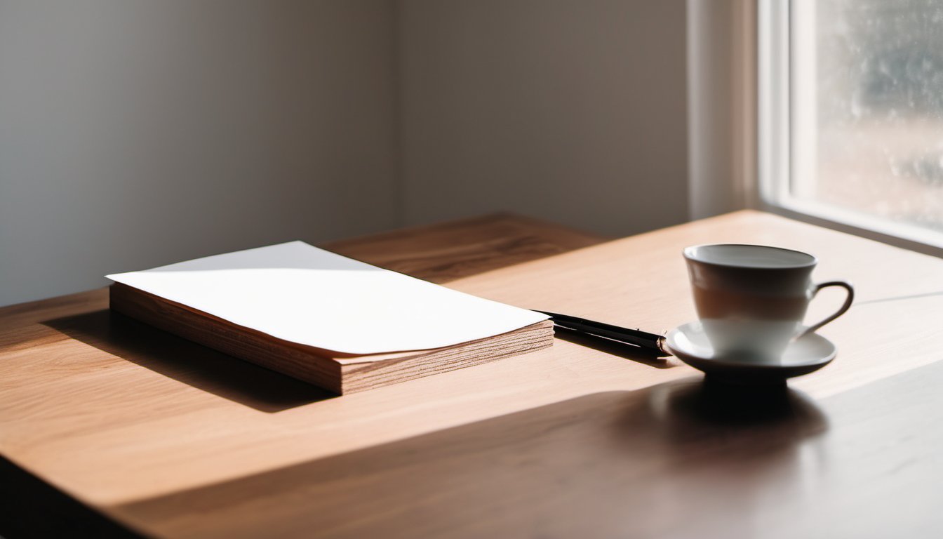 what-is-a-purchasing-agent-featured Illustration of a minimalist wooden desk by a bright window with a single blank plain sheet of paper and a pen