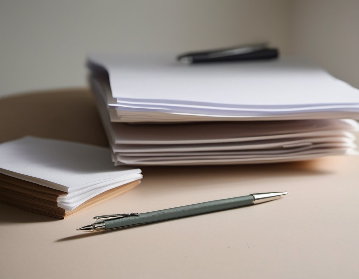 Illustration of blank unmarked shipping papers, a folder and a pen on a desk