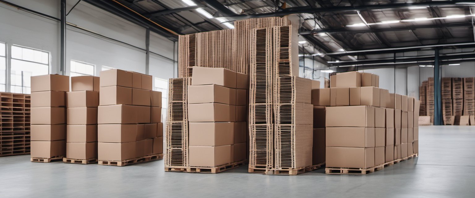 Illustration of plain cartons stacked on pallets in a warehouse staging area