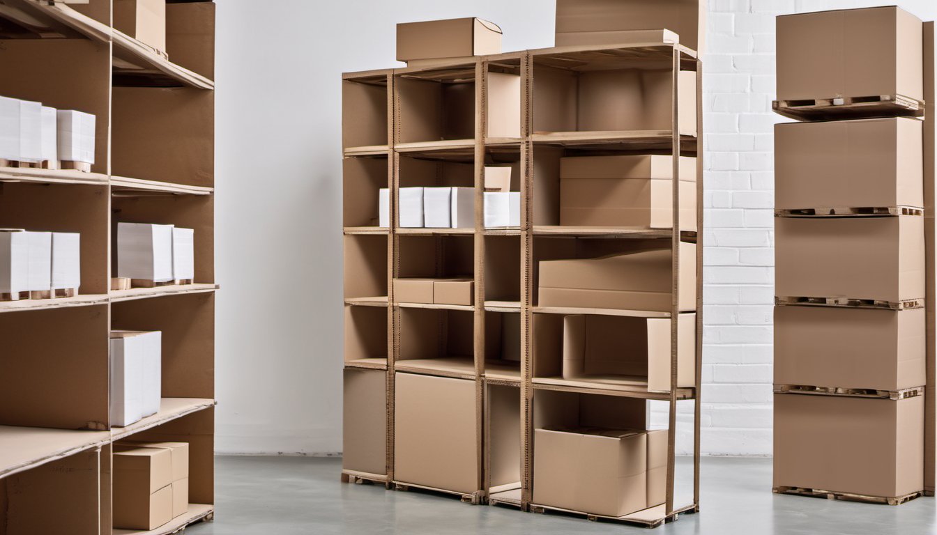 Illustration of a sample shelving unit with plain boxes beside stacked cartons