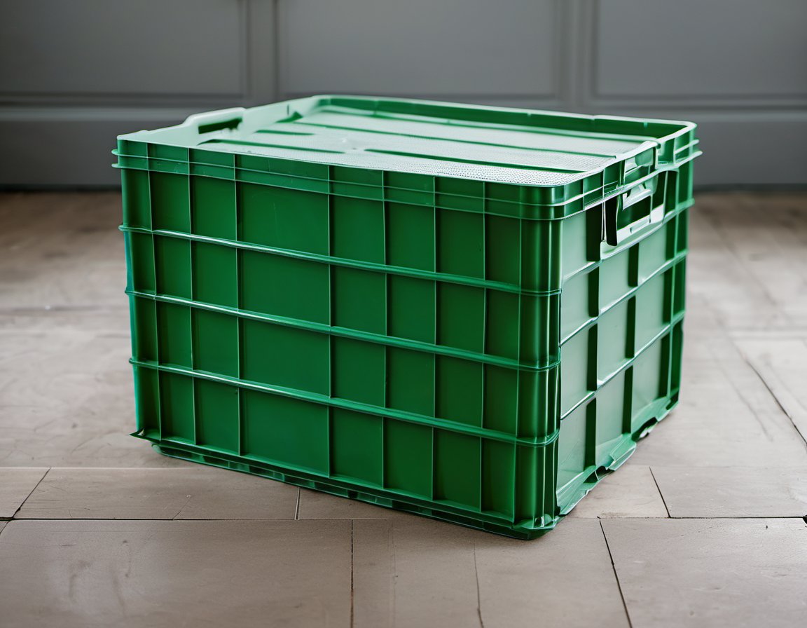 Illustration of a close-up of a plain unmarked green plastic storage crate containing plain cardboard boxes