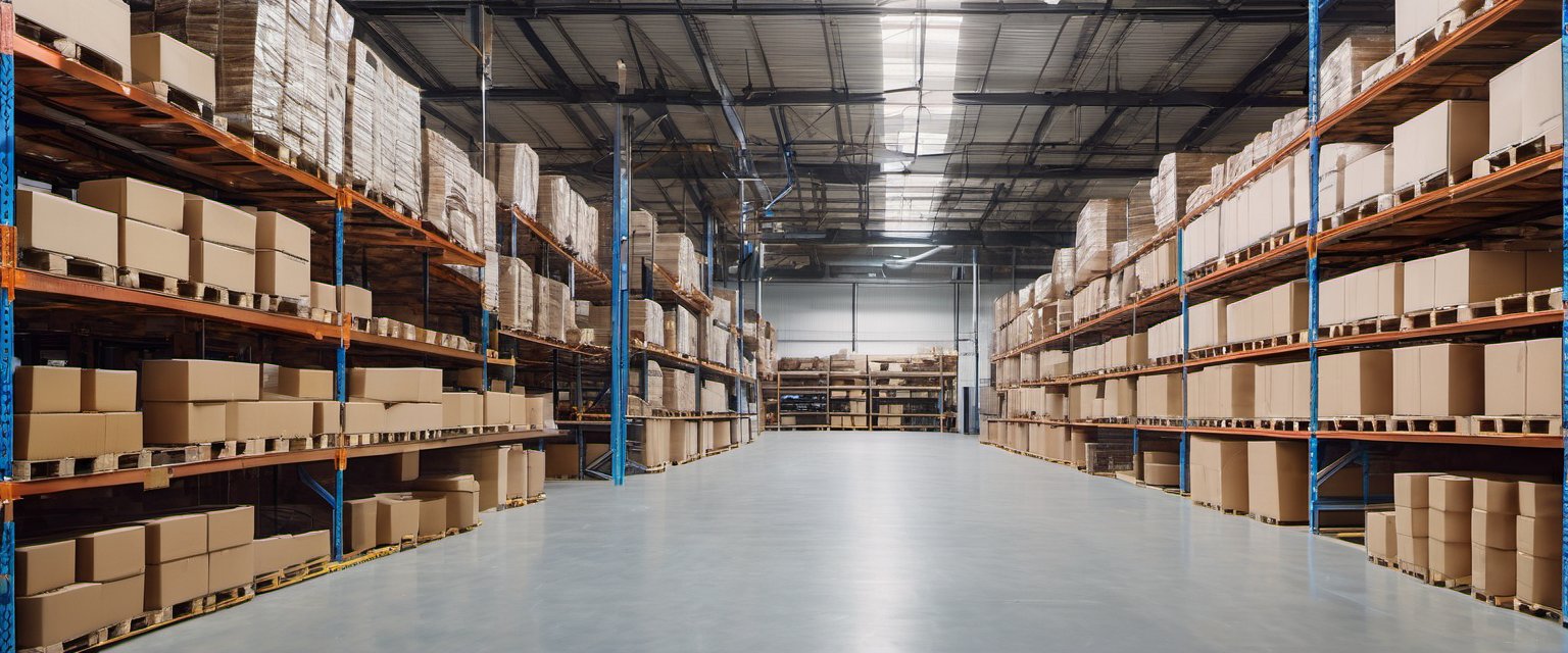 Illustration of a long clean warehouse aisle with pallets of plain unmarked boxes on both sides