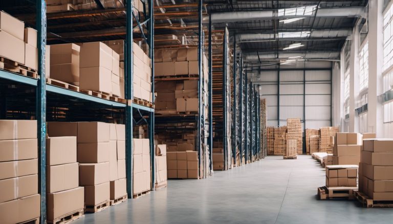 Illustration of a bright modern warehouse aisle with plain unmarked boxes stacked on steel racks and wooden pallets
