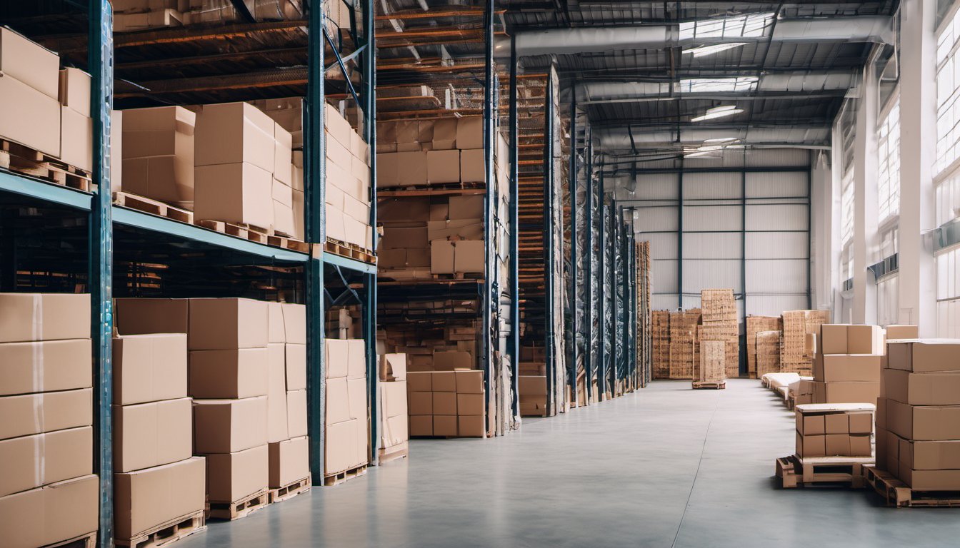 why-do-you-need-the-purchasing-agent-featured Illustration of a bright modern warehouse aisle with plain unmarked boxes stacked on steel racks and wooden pallets