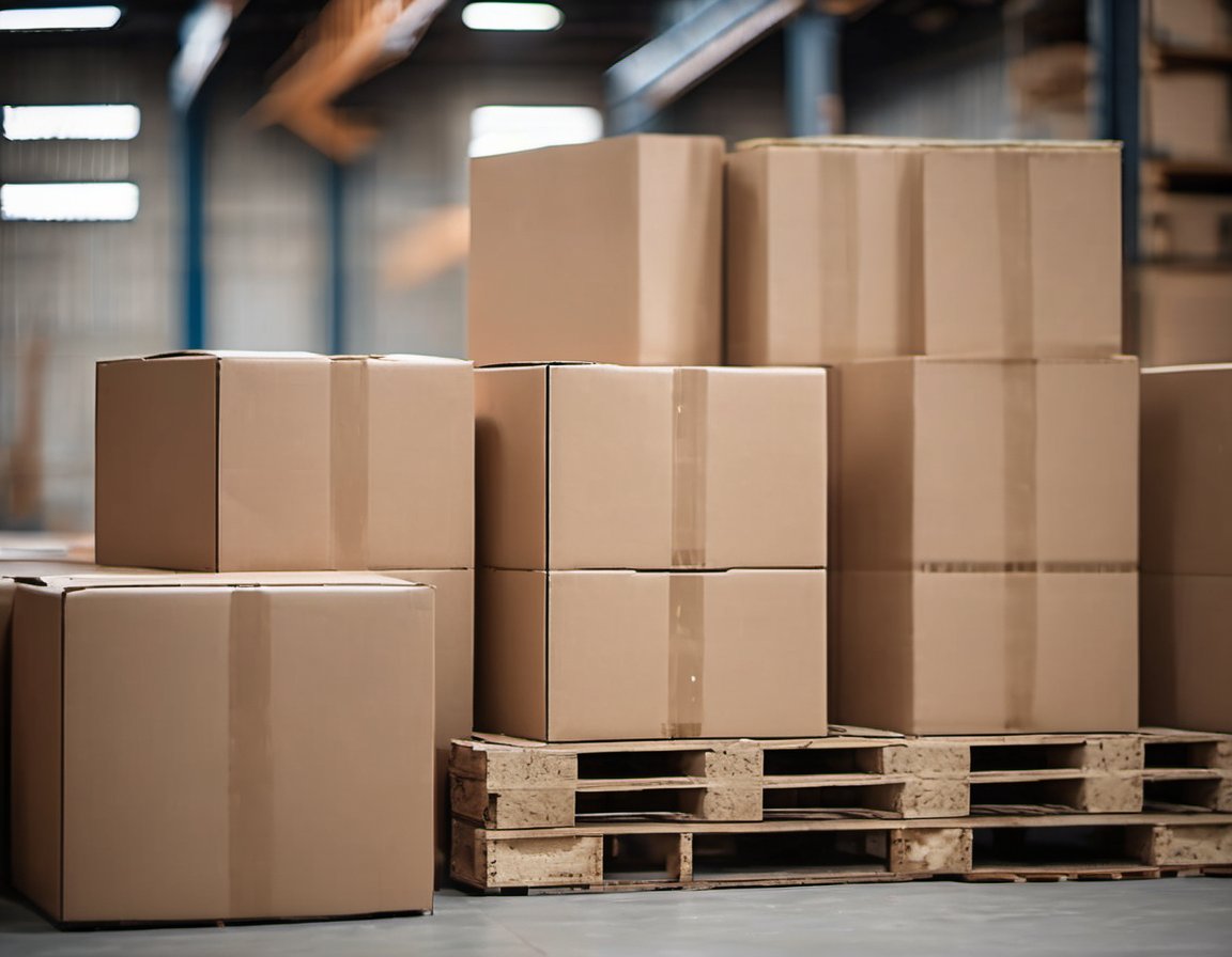 Illustration of A close-up of several plain unmarked cardboard cartons stacked on a wooden pallet in a warehouse