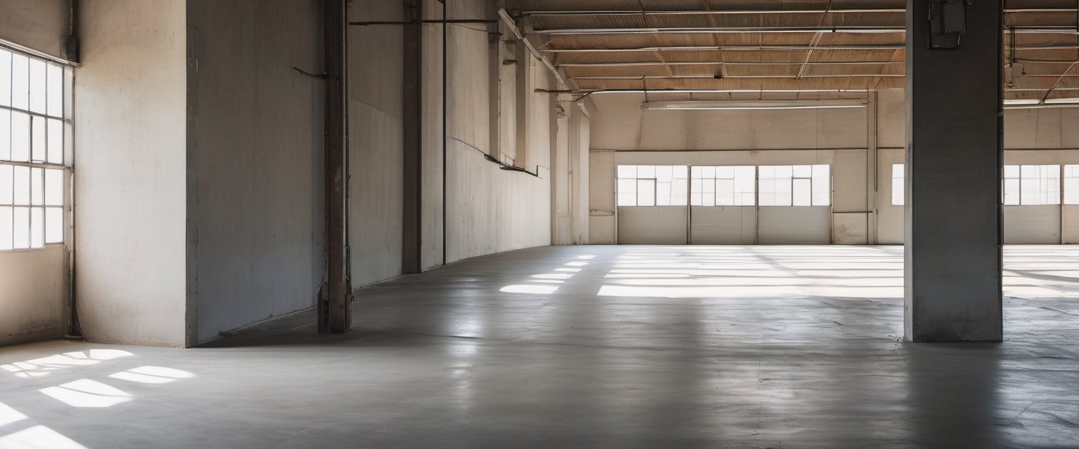 Illustration of A clean empty loading dock with an open roller shutter door and daylight streaming onto the concrete floor