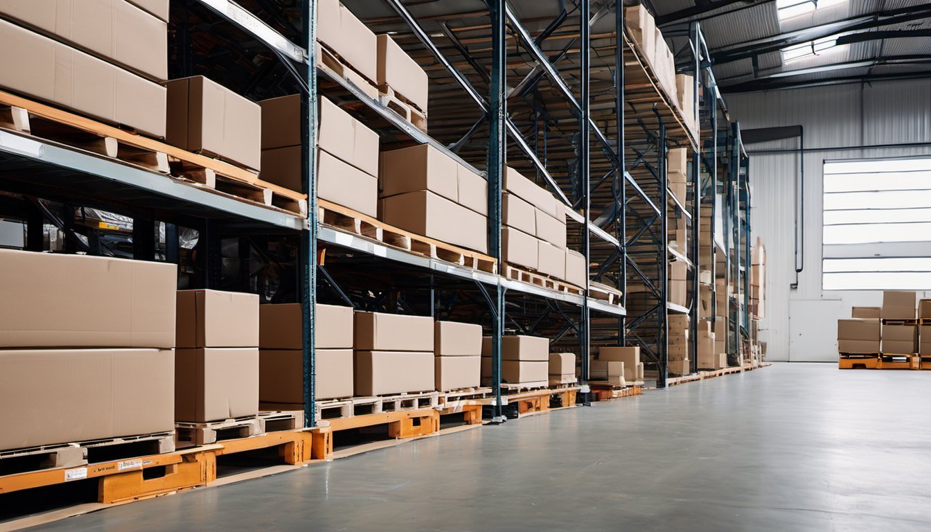 Illustration of A bright modern warehouse aisle with tall steel shelving racks holding neatly stacked plain unmarked cardboard boxes on wooden pallets